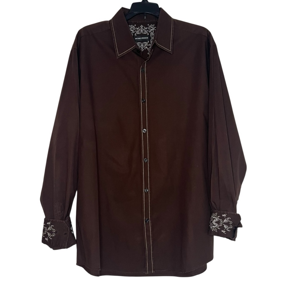 Michael Brandon Mens XL Brown Shirt Floral Flip Cuffs Ranchwear Country Cowboy